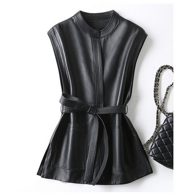 Novi proljetni i jesenski mekani kožni prsluk za 2023., prsluk na vezanje, široki kaput bez rukava s O izrezom i džepnim prslukom od ovčje kože