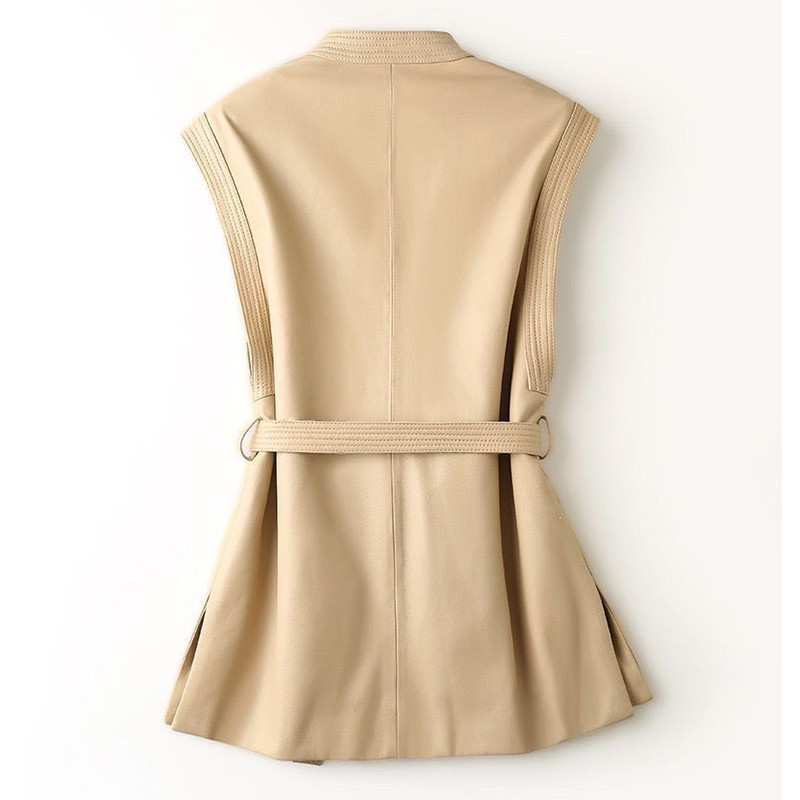 Novi proljetni i jesenski mekani kožni prsluk za 2023., prsluk na vezanje, široki kaput bez rukava s O izrezom i džepnim prslukom od ovčje kože