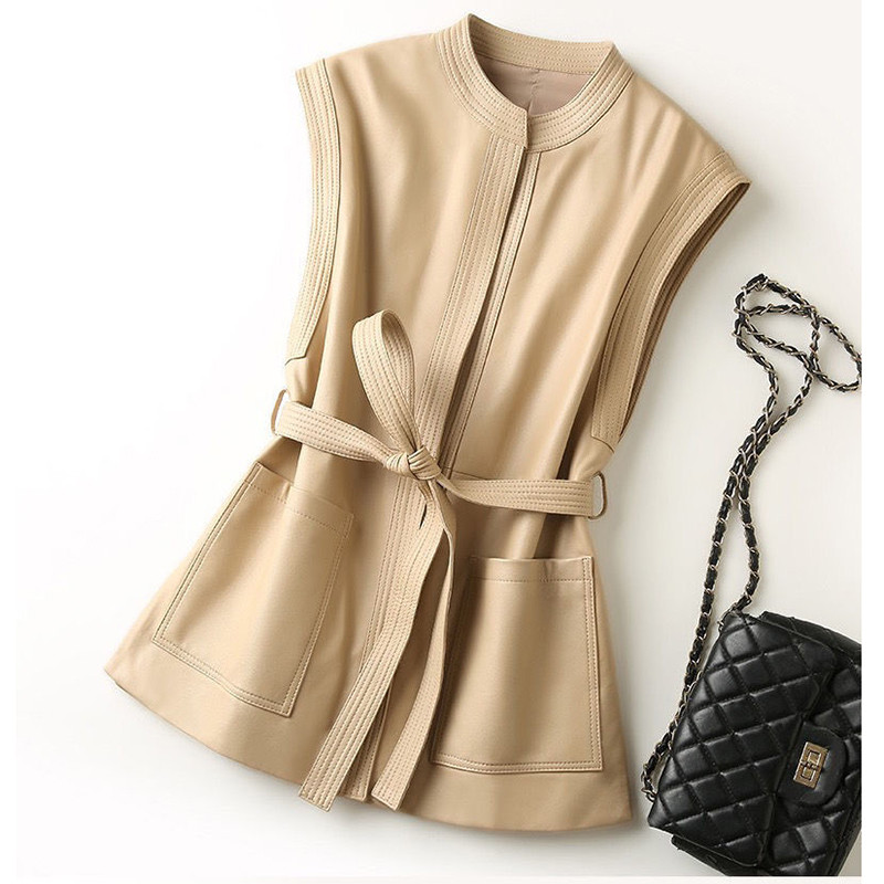 Novi proljetni i jesenski mekani kožni prsluk za 2023., prsluk na vezanje, široki kaput bez rukava s O izrezom i džepnim prslukom od ovčje kože