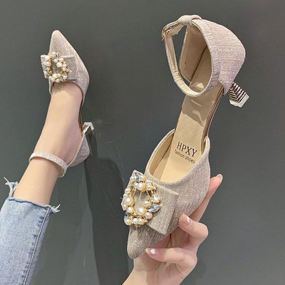 Sandale ascuțite Femei Primăvara Vară Moda Un singur pantof Stiletto Pearl Metal Catarama Sandale Femei Fashion Pantofi Pantofi de bal de petrecere