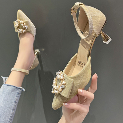 Sandale ascuțite Femei Primăvara Vară Moda Un singur pantof Stiletto Pearl Metal Catarama Sandale Femei Fashion Pantofi Pantofi de bal de petrecere