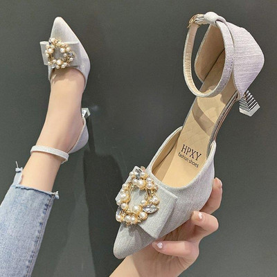 Sandale ascuțite Femei Primăvara Vară Moda Un singur pantof Stiletto Pearl Metal Catarama Sandale Femei Fashion Pantofi Pantofi de bal de petrecere