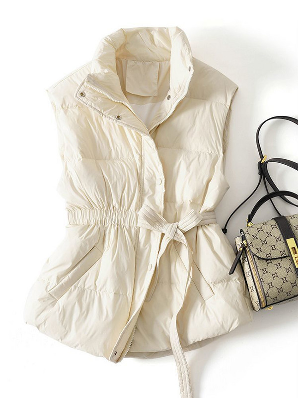Bijeli kaput s pačjim puhom Gilets Jakna bez rukava s remenom Novi jesenski zimski prsluk s puhom Ženski kratki prsluk Topla vjetrovka
