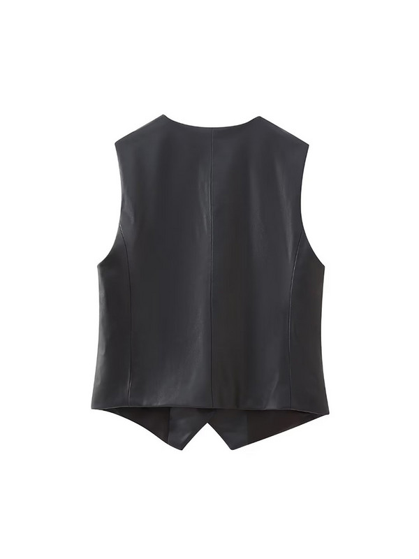 TRAF 2023 Γυναικεία γιλέκα από ψεύτικο δέρμα Αμάνικο μπουφάν Γυναικείο γιλέκο Φθινοπωρινό γιλέκο Γυναικείο γιλέκο με βασικό κουμπί