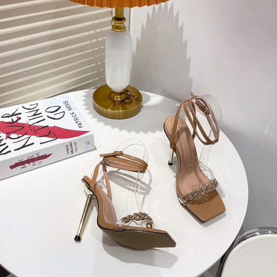 Pantofi de damă Sandale de damă Lanț de strasuri Cap pătrat Decor metalic Toc fin Toc înalt Sandale de rochie de damă Pantofi de nuntă