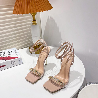 Pantofi de damă Sandale de damă Lanț de strasuri Cap pătrat Decor metalic Toc fin Toc înalt Sandale de rochie de damă Pantofi de nuntă