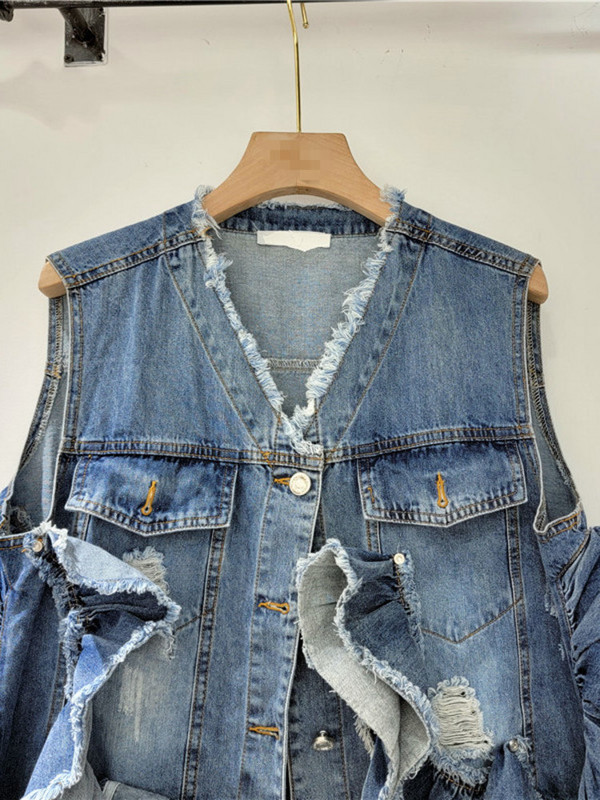 [EWQ] Moteriškos striukės be rankovių striukė Liemenė Kailis Skylė Dizainas Džinsinės Liemenės Striukės 2023 m. pavasaris vasara nauja mada V formos iškirptė 6198