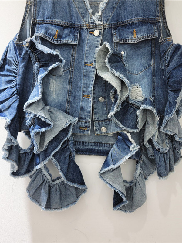 [EWQ] Moteriškos striukės be rankovių striukė Liemenė Kailis Skylė Dizainas Džinsinės Liemenės Striukės 2023 m. pavasaris vasara nauja mada V formos iškirptė 6198