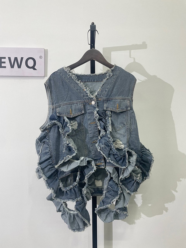 [EWQ] Moteriškos striukės be rankovių striukė Liemenė Kailis Skylė Dizainas Džinsinės Liemenės Striukės 2023 m. pavasaris vasara nauja mada V formos iškirptė 6198