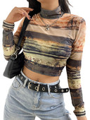 Topuri crop din plasă transparentă pentru femei, cu mânecă lungă, cu mâneci lungi, cu gât fals, cu vopsea cravată, cu imprimeu, tricou slim fit, pentru femei, ocazional, subțire, pulover, topuri noi