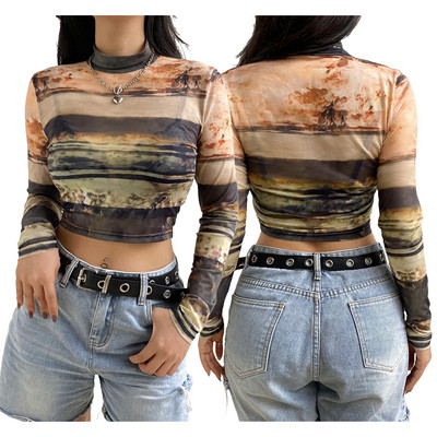 Topuri crop din plasă transparentă pentru femei, cu mânecă lungă, cu mâneci lungi, cu gât fals, cu vopsea cravată, cu imprimeu, tricou slim fit, pentru femei, ocazional, subțire, pulover, topuri noi