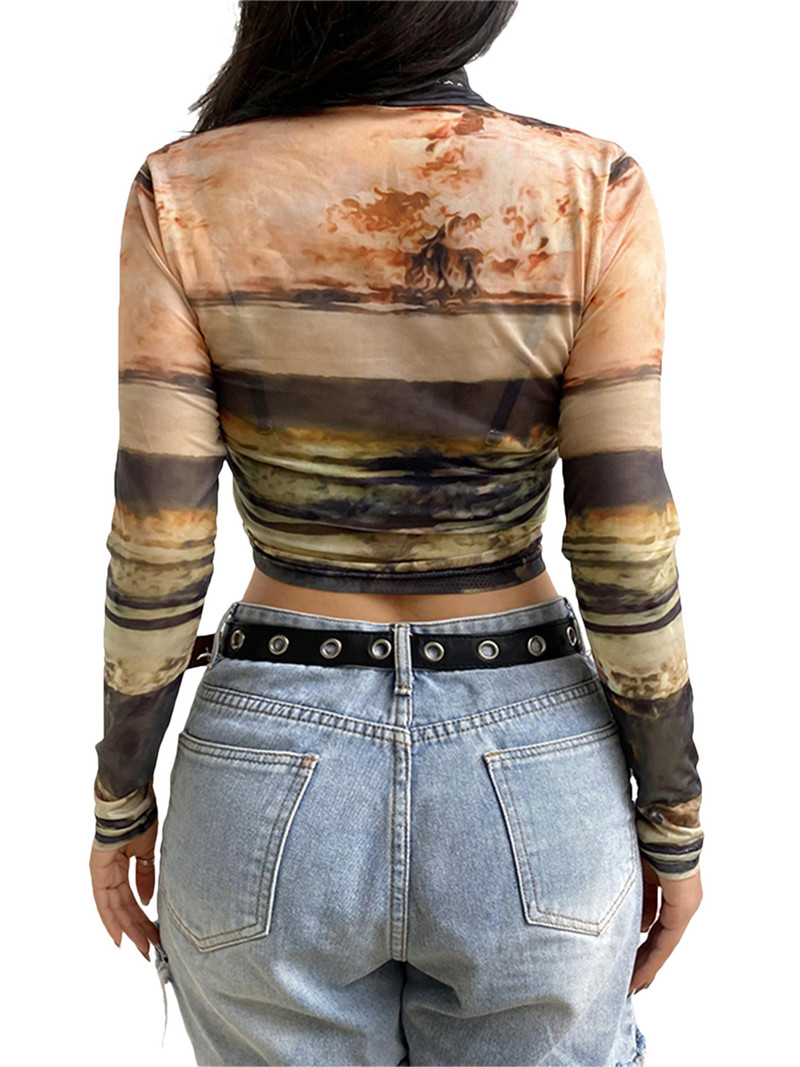 Ženske kratke majice od prozirne mreže, seksi majice kratkih rukava s lažnim ovratnikom i tie dye printom s dugim rukavima, uske majice kratkih rukava, ženske ležerne, tanke majice s kratkim rukavima, nove