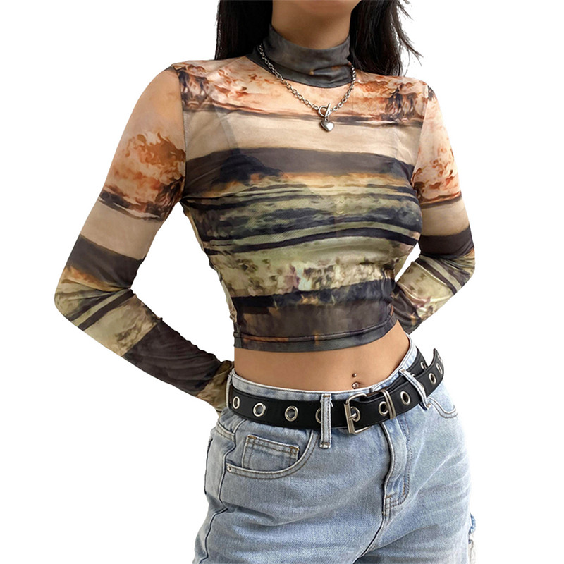 Ženske kratke majice od prozirne mreže, seksi majice kratkih rukava s lažnim ovratnikom i tie dye printom s dugim rukavima, uske majice kratkih rukava, ženske ležerne, tanke majice s kratkim rukavima, nove