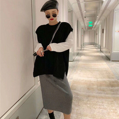 Pulover vestă pentru femei cu gât în formă de solid, minimalist, stil coreean, elegant, șic, ocazional, toate se potrivesc, toamnă, îmbrăcăminte feminină predominant caldă