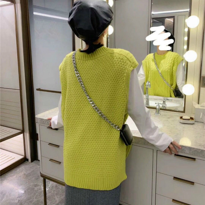 Pulover vestă pentru femei cu gât în formă de solid, minimalist, stil coreean, elegant, șic, ocazional, toate se potrivesc, toamnă, îmbrăcăminte feminină predominant caldă