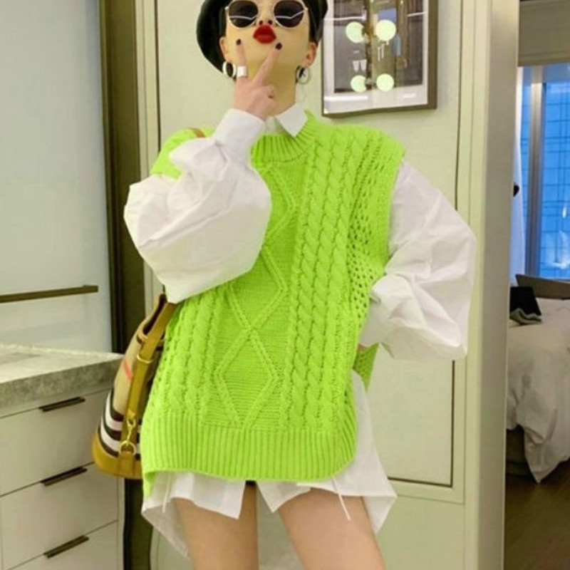 Pulover vestă pentru femei cu gât în formă de solid, minimalist, stil coreean, elegant, șic, ocazional, toate se potrivesc, toamnă, îmbrăcăminte feminină predominant caldă