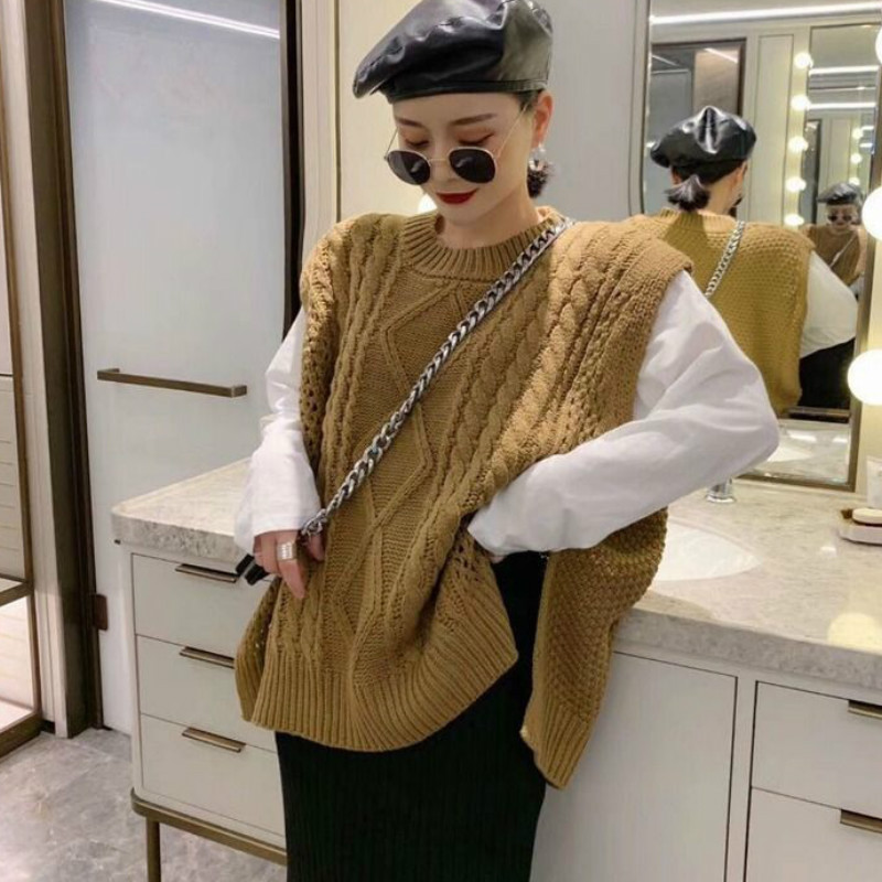 Pulover vestă pentru femei cu gât în formă de solid, minimalist, stil coreean, elegant, șic, ocazional, toate se potrivesc, toamnă, îmbrăcăminte feminină predominant caldă