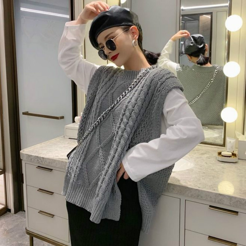 Pulover vestă pentru femei cu gât în formă de solid, minimalist, stil coreean, elegant, șic, ocazional, toate se potrivesc, toamnă, îmbrăcăminte feminină predominant caldă