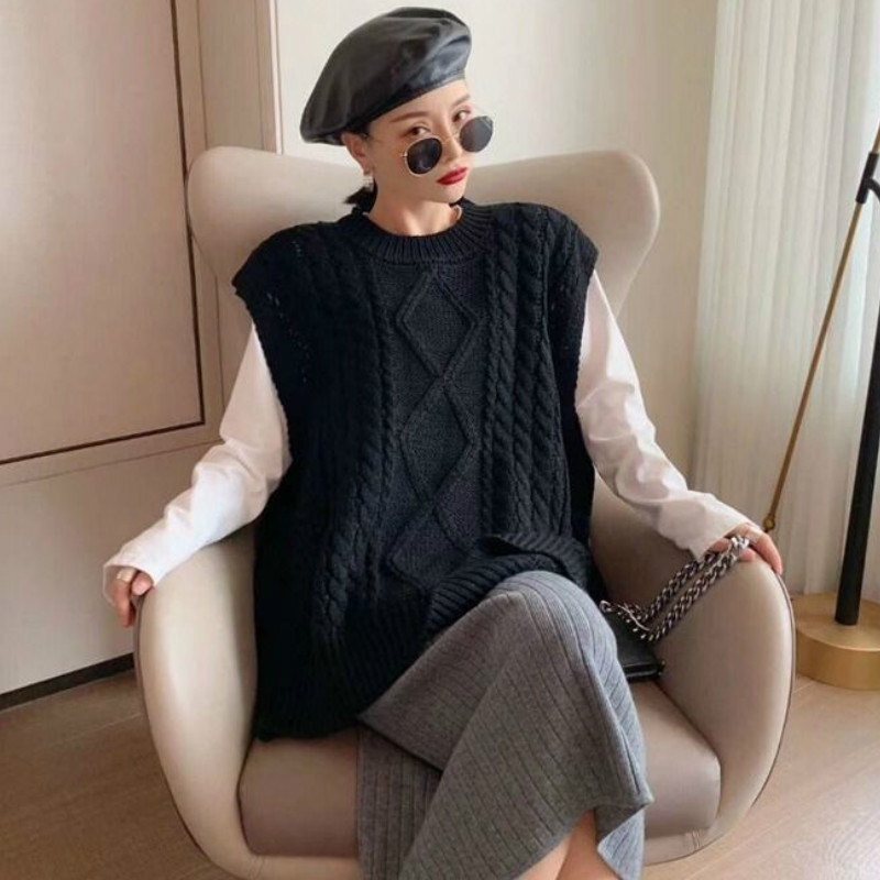 Pulover vestă pentru femei cu gât în formă de solid, minimalist, stil coreean, elegant, șic, ocazional, toate se potrivesc, toamnă, îmbrăcăminte feminină predominant caldă