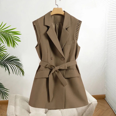 Vestă de costum de modă pentru femei, nou toamnă 2023, curea în talie cu piept dublu, coreeană fără mâneci, ocazional, blazer, veste, haine, topuri pentru femei
