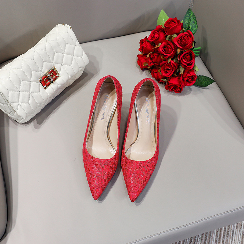 Pantofi de nuntă Dantela roșie Domnisoare de onoare Toc înalt Femeie sexy Toc înalt subțire ascuțit Rochie zilnică Pompe de petrecere Alb Mărime mare 34-43