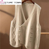 Retro pleteni kardigan prsluk s dvostrukim kopčanjem Ženski proljetni i jesenski pulover bez rukava s V-izrezom, široki gornji dio