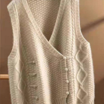 Ретро двуредна плетена жилетка с жилетка Дамски пролетен и есенен пуловер с v-образно деколте без ръкави Потник с наслагване Свободно горнище