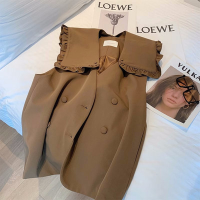 Kórejská verzia 2023 Letná dámska vesta s volánikovým výstrihom Peter Pan bez rukávov, sako, dámska ležérna voľná kávová vesta