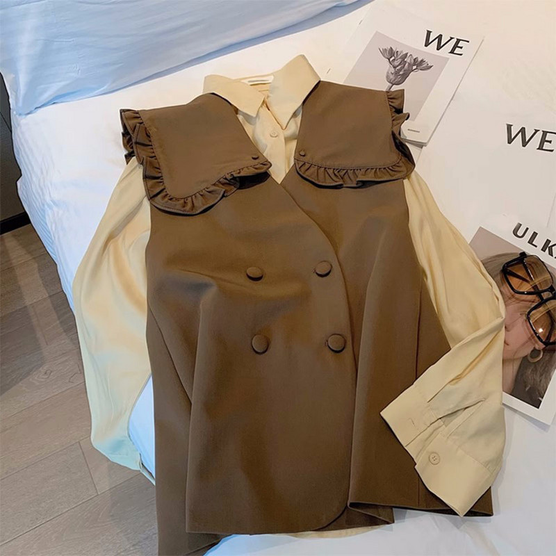 Kórejská verzia 2023 Letná dámska vesta s volánikovým výstrihom Peter Pan bez rukávov, sako, dámska ležérna voľná kávová vesta