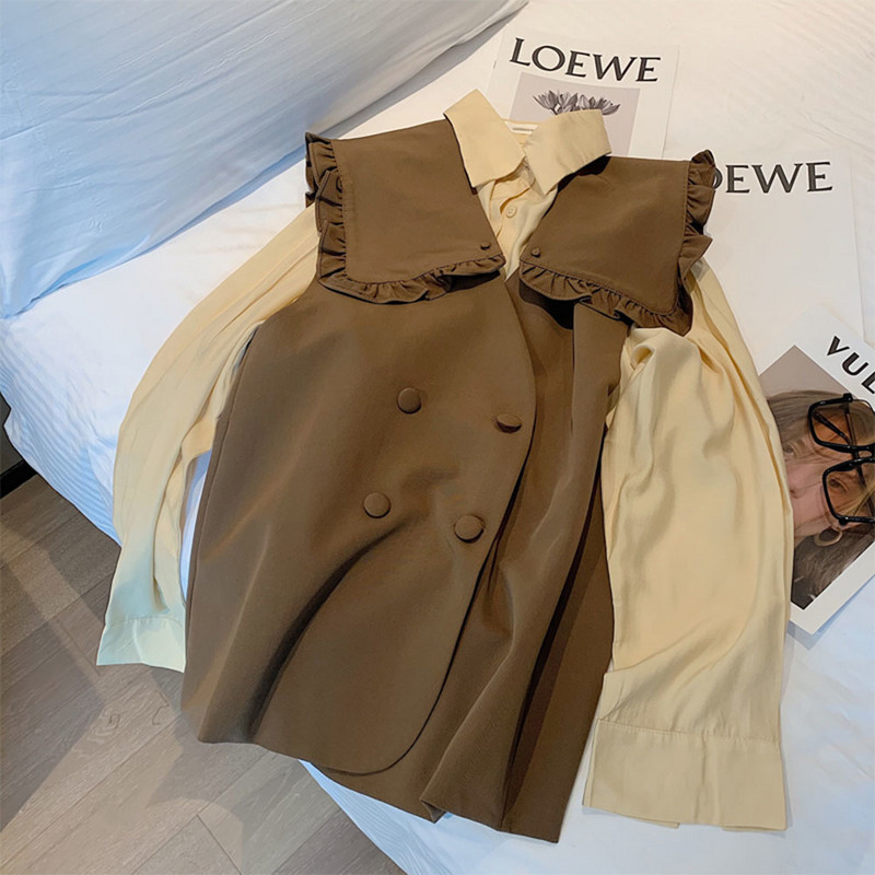 Kórejská verzia 2023 Letná dámska vesta s volánikovým výstrihom Peter Pan bez rukávov, sako, dámska ležérna voľná kávová vesta