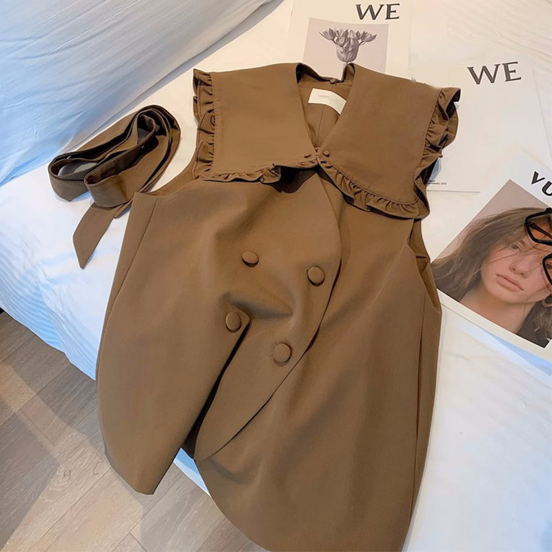 Kórejská verzia 2023 Letná dámska vesta s volánikovým výstrihom Peter Pan bez rukávov, sako, dámska ležérna voľná kávová vesta