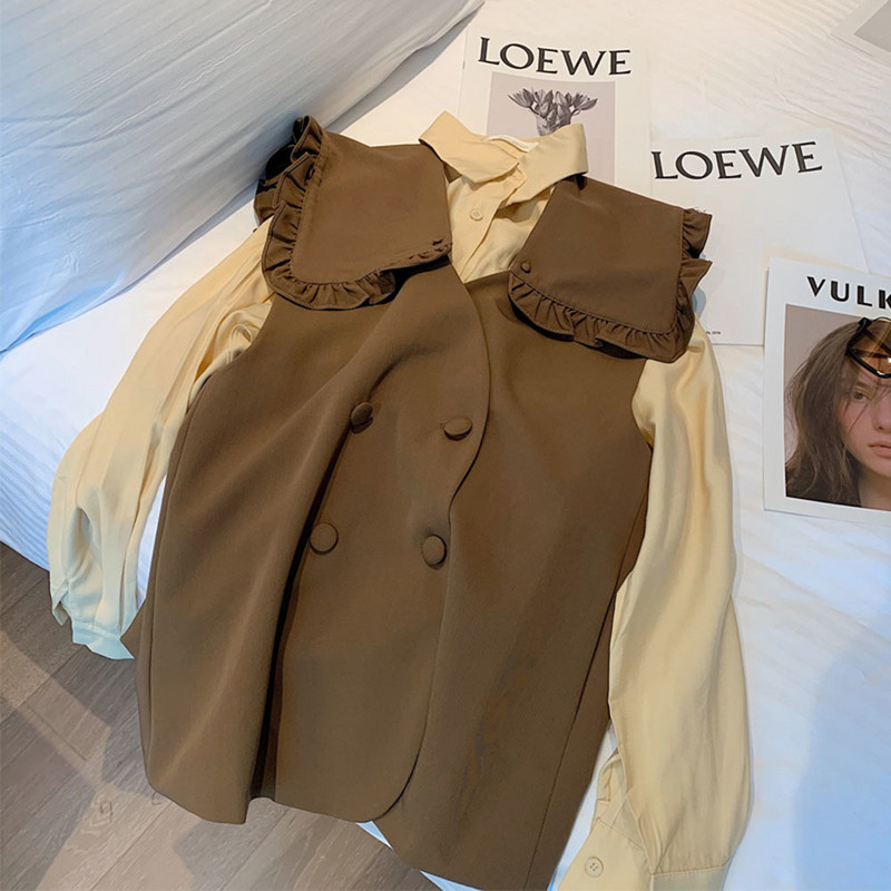 Kórejská verzia 2023 Letná dámska vesta s volánikovým výstrihom Peter Pan bez rukávov, sako, dámska ležérna voľná kávová vesta