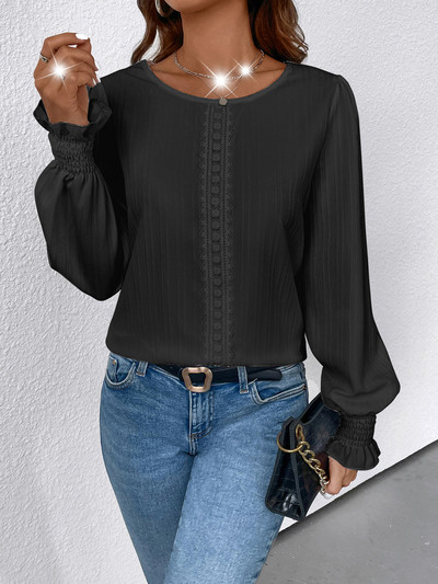 Cămașă de antrenament casual pentru femei, cu mânecă lungă, cu decolteu deschis, cu manșetă smocked, bluze albe din dantelă