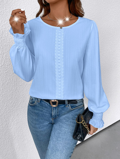 Cămașă de antrenament casual pentru femei, cu mânecă lungă, cu decolteu deschis, cu manșetă smocked, bluze albe din dantelă