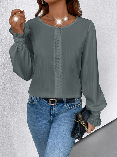 Cămașă de antrenament casual pentru femei, cu mânecă lungă, cu decolteu deschis, cu manșetă smocked, bluze albe din dantelă