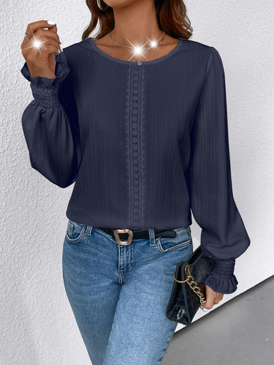 Cămașă de antrenament casual pentru femei, cu mânecă lungă, cu decolteu deschis, cu manșetă smocked, bluze albe din dantelă