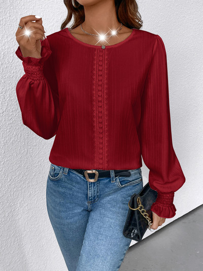 Cămașă de antrenament casual pentru femei, cu mânecă lungă, cu decolteu deschis, cu manșetă smocked, bluze albe din dantelă