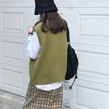 Дамски плътен пуловер, жилетки с V-образно деколте, едноредни стилни свободни ежедневни японски стил Harajuku Универсални темпераментни джъмпери ретро