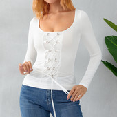 Ženska majica dugih rukava, okrugli izrez, čipka, čvrsti kroj, uska kravata, ženski top, ležerne dnevne majice