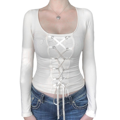 Ženska majica dugih rukava, okrugli izrez, čipka, čvrsti kroj, uska kravata, ženski top, ležerne dnevne majice