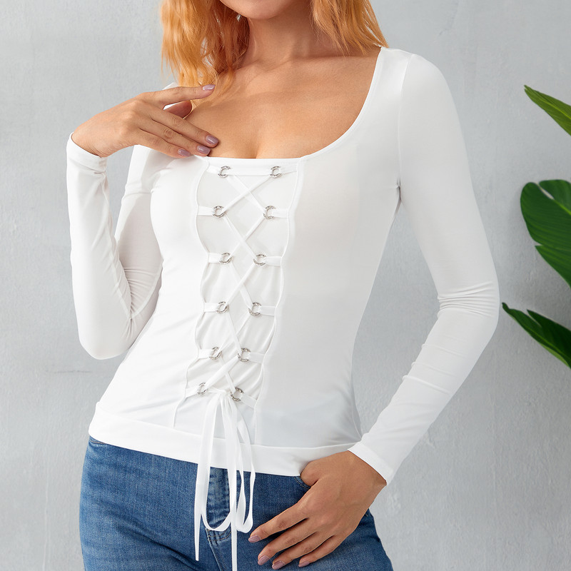 Ženska majica dugih rukava, okrugli izrez, čipka, čvrsti kroj, uska kravata, ženski top, ležerne dnevne majice