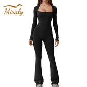 Naujas Y2K kombinezonas ilgomis rankovėmis moteriškas, prigludęs, kvadratinis kaklelis, plačios kojos, viso ilgio šliaužtinukas „Bodycon“ moteriškas ilgas kombinezonas