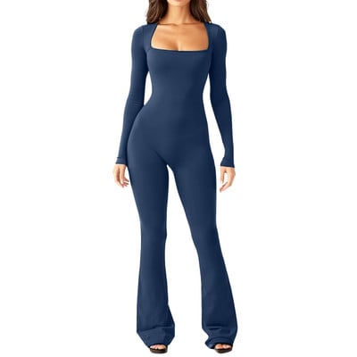 Naujas Y2K kombinezonas ilgomis rankovėmis moteriškas, prigludęs, kvadratinis kaklelis, plačios kojos, viso ilgio šliaužtinukas „Bodycon“ moteriškas ilgas kombinezonas