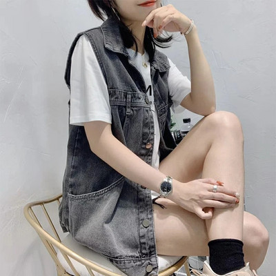 2023 m. nauja džinsinė liemenė striukė Moteriška pavasario vasara Moteriška studentiška Laisva berankovė liemenė Moteriški džinsai Viršutiniai drabužiai Kaubojų liemenė