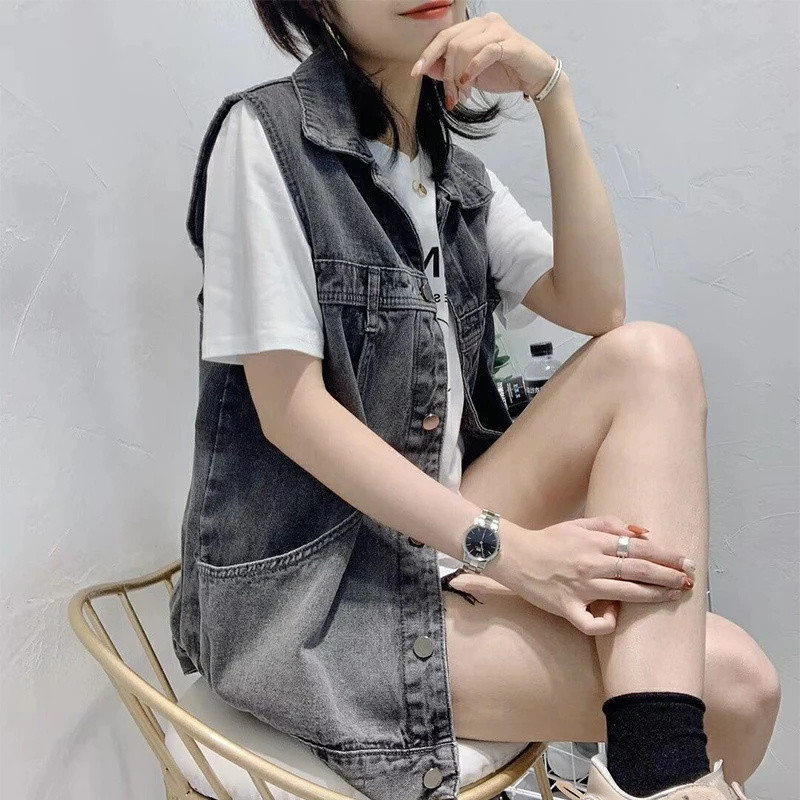 2023 m. nauja džinsinė liemenė striukė Moteriška pavasario vasara Moteriška studentiška Laisva berankovė liemenė Moteriški džinsai Viršutiniai drabužiai Kaubojų liemenė