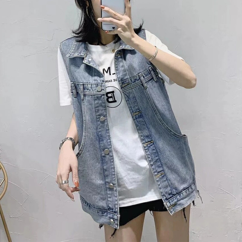 2023 m. nauja džinsinė liemenė striukė Moteriška pavasario vasara Moteriška studentiška Laisva berankovė liemenė Moteriški džinsai Viršutiniai drabužiai Kaubojų liemenė