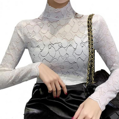 Ženska elegantna bluza s izdubljenom čipkom s laticama cvijeta, osnovna bluza dugih rukava, uska košulja