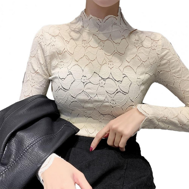 Ženska elegantna bluza s izdubljenom čipkom s laticama cvijeta, osnovna bluza dugih rukava, uska košulja