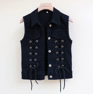 2022 Nová dámska džínsová vesta, jarná jeseň, šnurovacie motýliky, bez rukávov, voľná krátka džínsová vesta, kabát