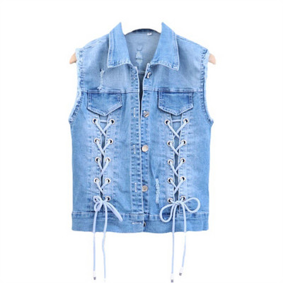 2022 Nová dámska džínsová vesta, jarná jeseň, šnurovacie motýliky, bez rukávov, voľná krátka džínsová vesta, kabát